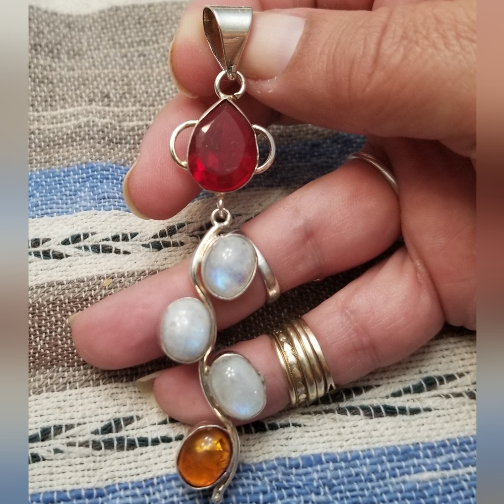 Long Silver Pendant With Natural Moonstones